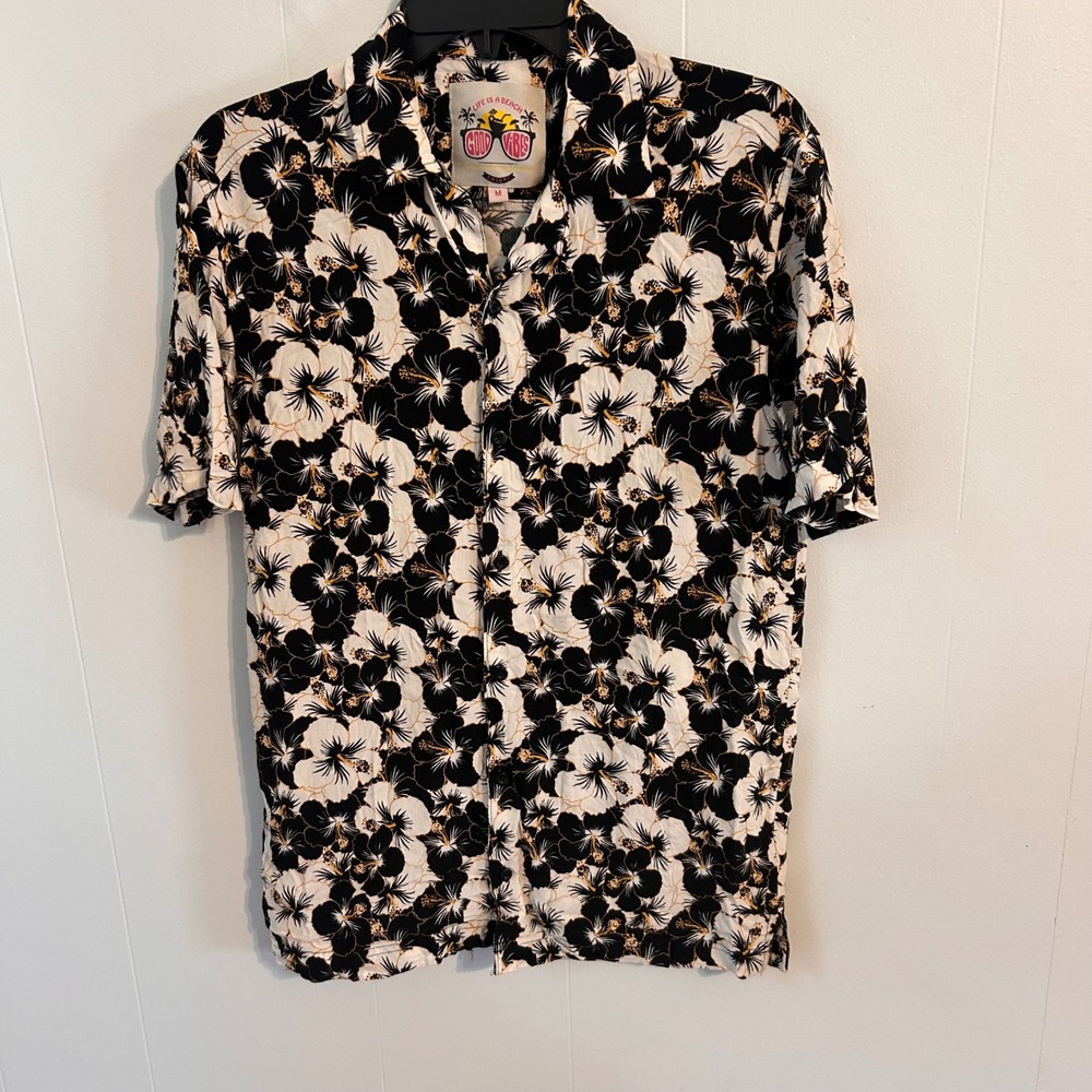 Drill Clothing Co Mens Hibiscus Floral Button Down Shirt Black White Yellow M